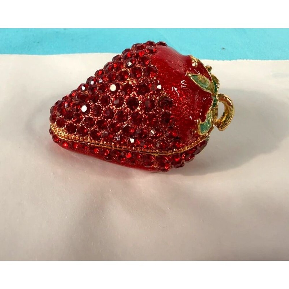 Vintage Jeweled Red Strawberry Hinged Trinket Box